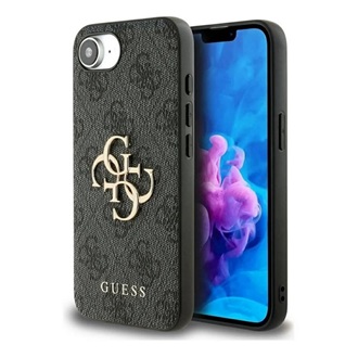iPhone 16e GUESS PU 4G METAL LOGO CASE műanyag telefonvédő ütésállóság, bőr hatású hátlap, SÖTÉTSZÜRKE