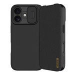 iPhone 17 NILLKIN QIN PRO tok álló, bőr hatású FLIP, kameravédő, FEKETE