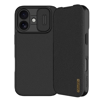 iPhone 17 NILLKIN QIN PRO tok álló, bőr hatású FLIP, kameravédő, FEKETE