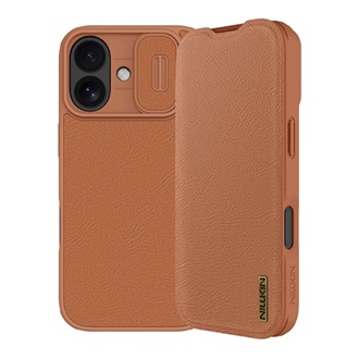 iPhone 17 NILLKIN QIN PRO tok álló, bőr hatású FLIP, kameravédő, VILÁGOSBARNA