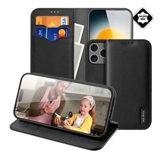 iPhone 17 Pro DUX DUCIS HIVO tok álló, valódi bőr FLIP, RFID, FEKETE