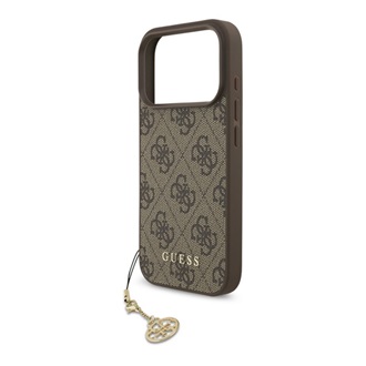 iPhone 17 Pro GUESS 4G CHARMS műanyag telefonvédő textil hátlap, telefondísz, BARNA