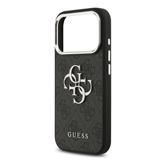 iPhone 17 Pro Max GUESS 4G BIG CLASSIC LOGO szilikon telefonvédő ütésállóság, bőr hatású hátlap, FEKETE/EZÜST