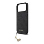 iPhone 17 Pro Max GUESS 4G CHARMS műanyag telefonvédő textil hátlap, telefondísz, SÖTÉTSZÜRKE