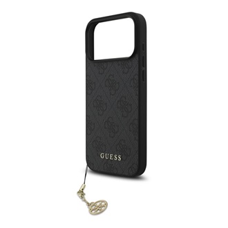 iPhone 17 Pro Max GUESS 4G CHARMS műanyag telefonvédő textil hátlap, telefondísz, SÖTÉTSZÜRKE