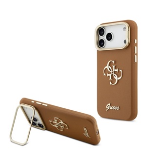 iPhone 17 Pro Max GUESS GRAINED BIG 4G & STAND CAMERA szilikon telefonvédő műanyag hátlap, kitámasztó, BARNA