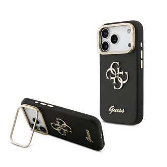 iPhone 17 Pro Max GUESS GRAINED BIG 4G & STAND CAMERA szilikon telefonvédő műanyag hátlap, kitámasztó, FEKETE