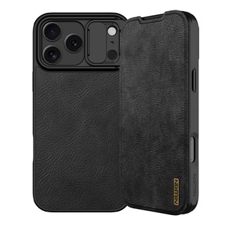 iPhone 17 Pro Max NILLKIN QIN PRO tok álló, bőr hatású FLIP, kameravédő, FEKETE