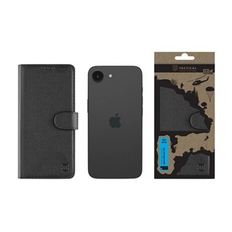 iPhone 17e / 16e TACTICAL FIELD NOTES tok álló, bőr hatású FLIP, prémium, FEKETE
