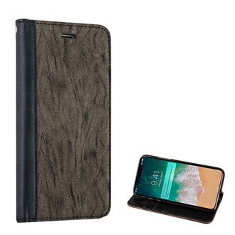 iPhone XS 5.8 Gigapack tok álló, bőr hatású FLIP, faerezet minta, SZÜRKE
